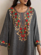 trueBrowns Grey Kashmiri Embroidered Woollen Phiran Kurta | Grocsy