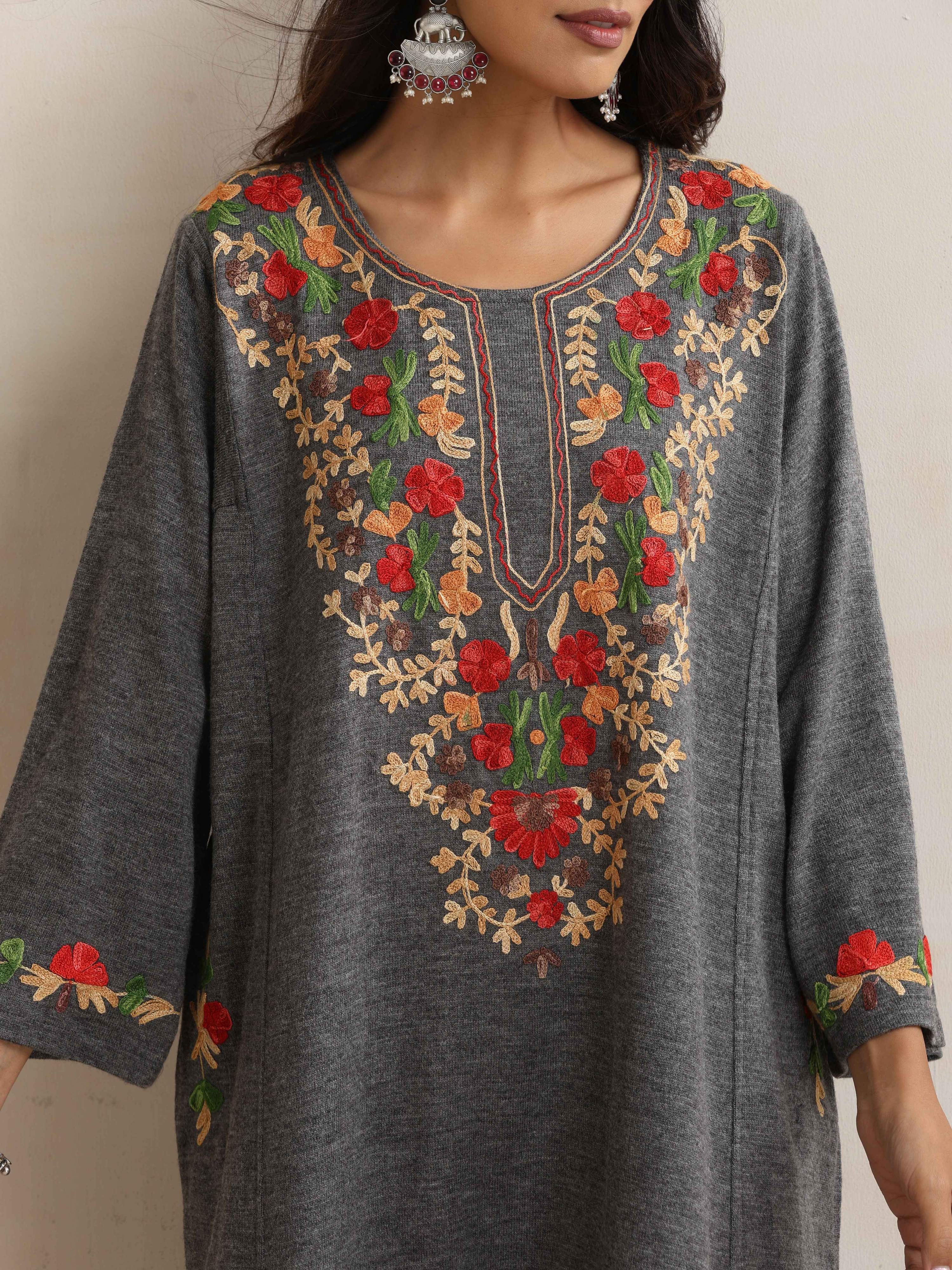 trueBrowns Grey Kashmiri Embroidered Woollen Phiran Kurta | Grocsy