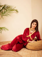 InWeave Women's Barn Red Mughal Shaan Style Velvet Short Kurta Set | Grocsy