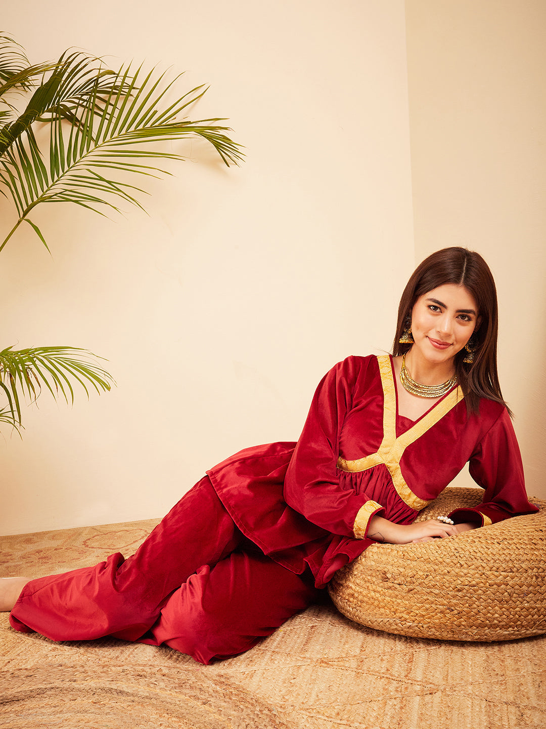 InWeave Women's Barn Red Mughal Shaan Style Velvet Short Kurta Set | Grocsy