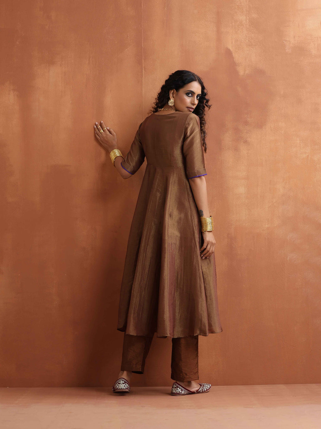 trueBrowns Bronze Tissue Flared Anarkali Kurta Set | Grocsy