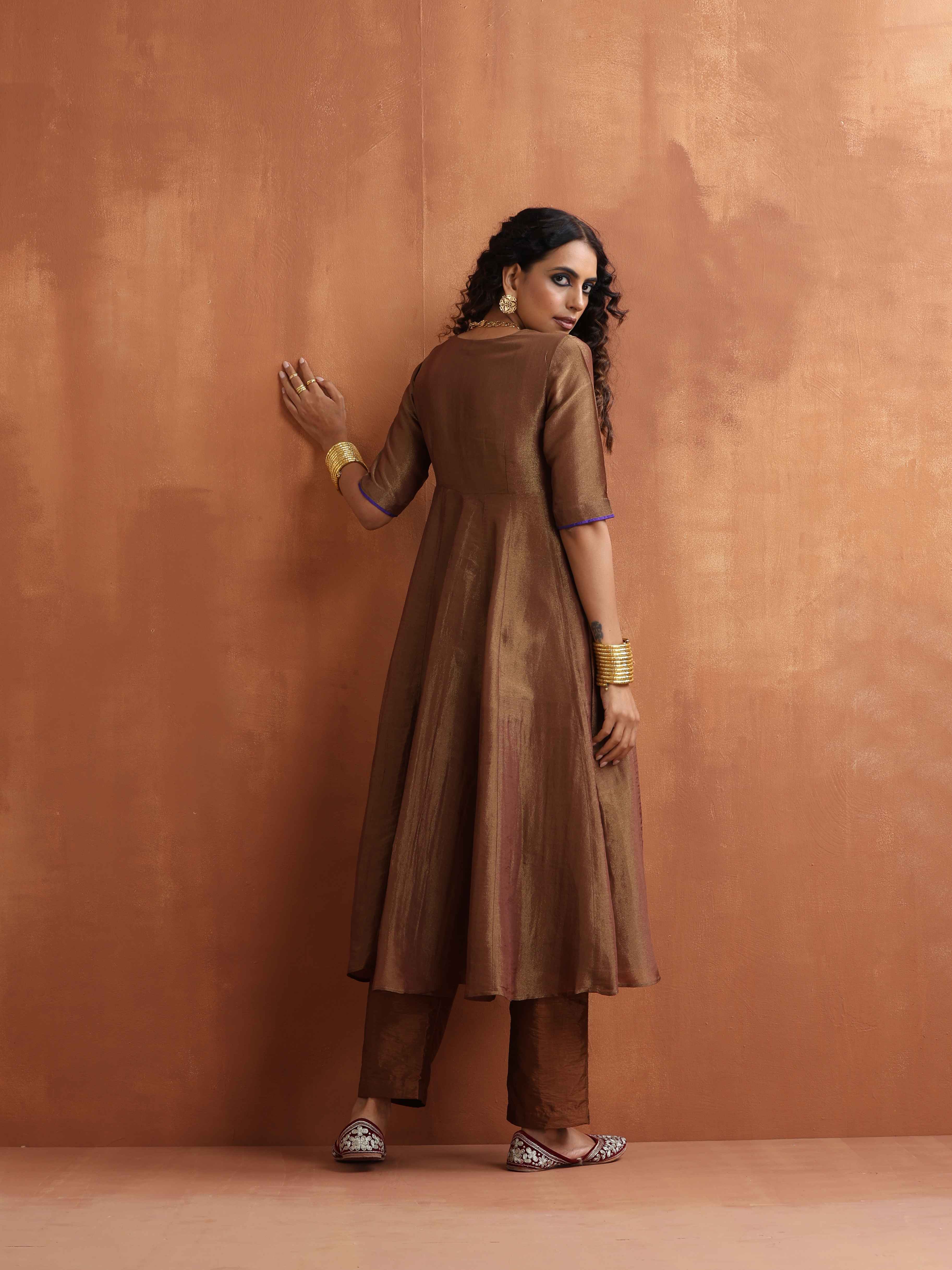 trueBrowns Bronze Tissue Flared Anarkali Kurta Set | Grocsy