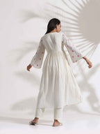 trueBrowns Off-White Cotton Floral Embroidered Flared Kurta Set | Grocsy