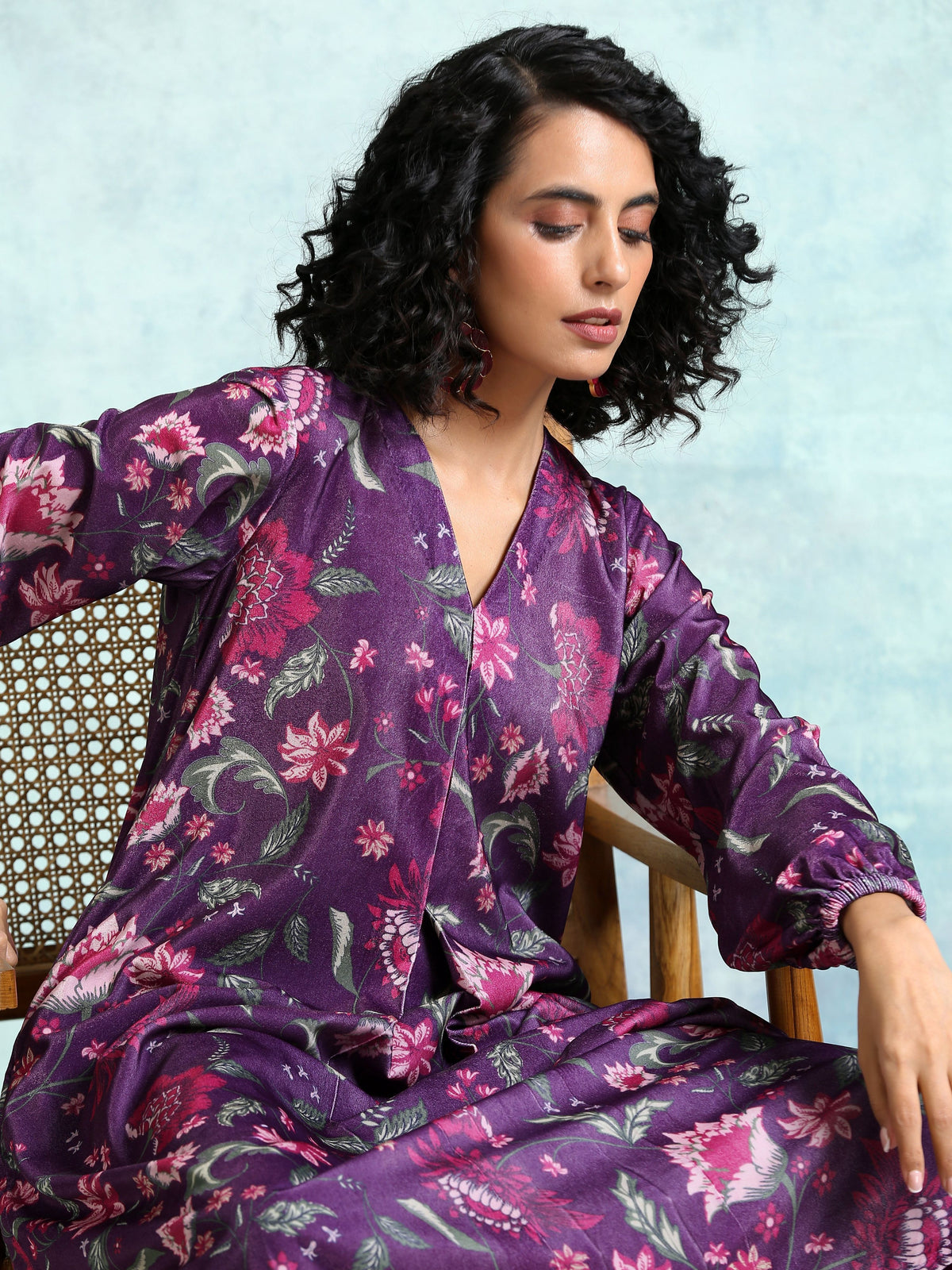 trueBrowns Wine Printed Velvet Neck Pleat Kurta | Grocsy
