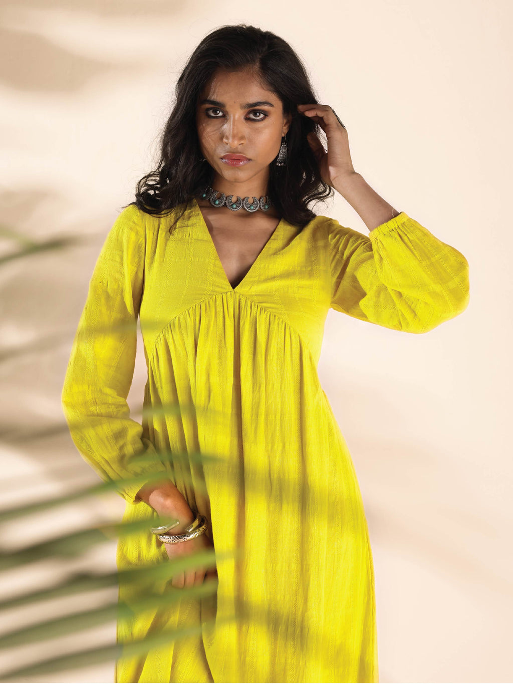 trueBrowns Lime Cotton Dobby Flared Dress | Grocsy