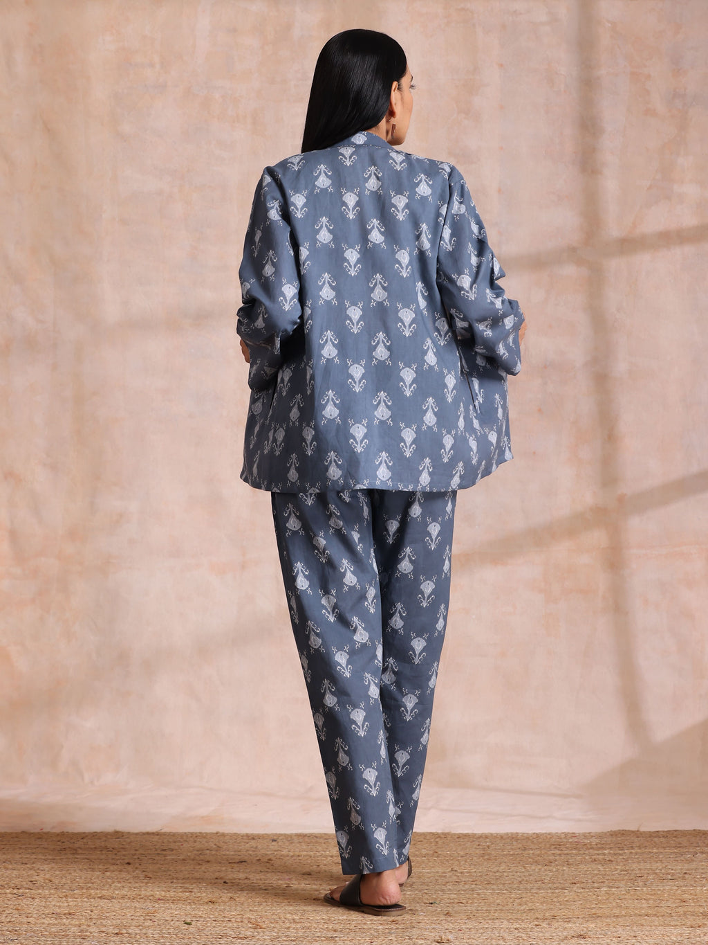 trueBrowns Grey On Grey Ikat Print Cotton Pant Suit Set | Grocsy