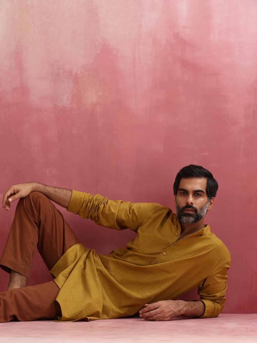 trueBrowns Men's Mustard Mandarin Collar Kurta | Grocsy
