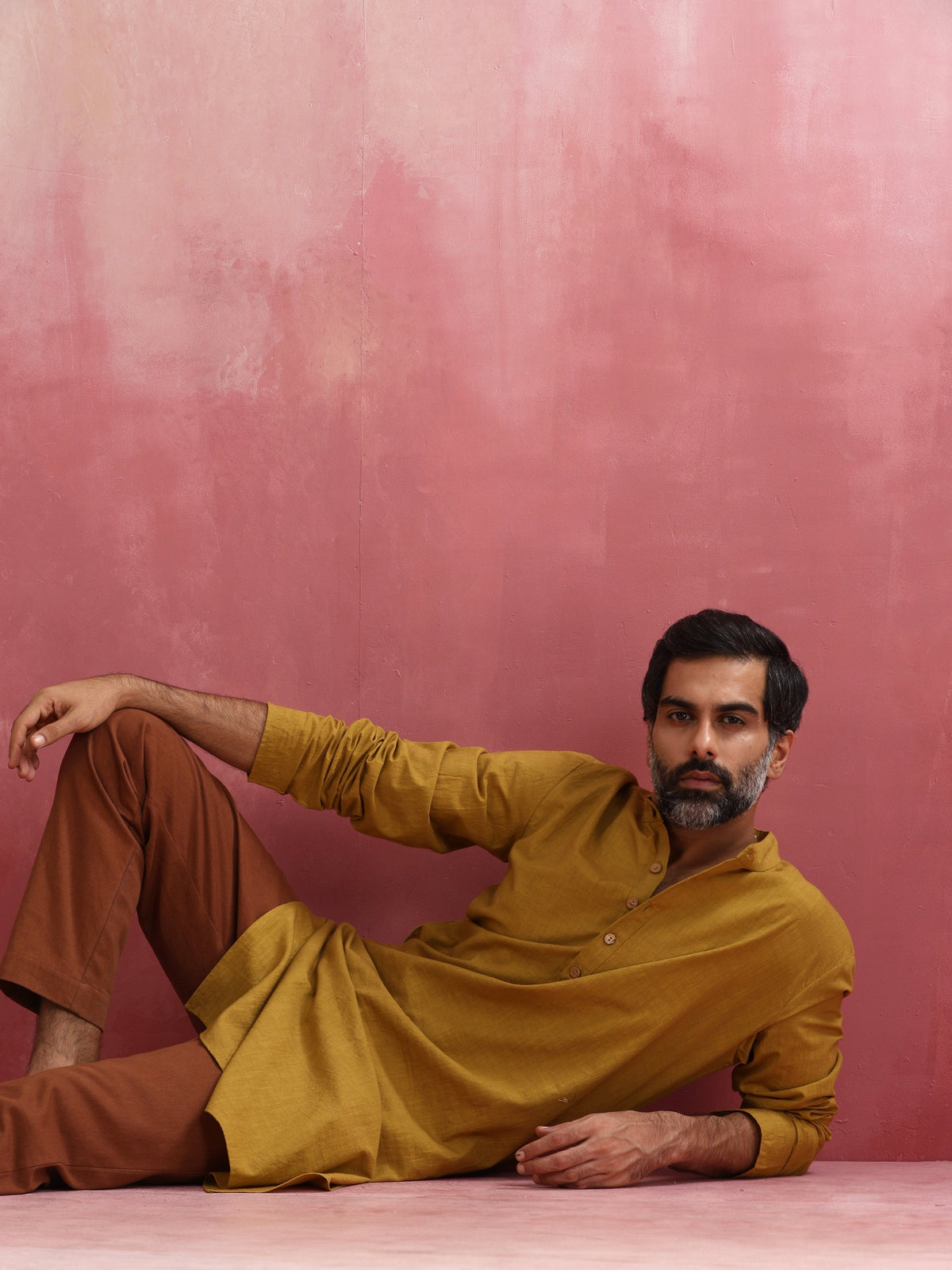trueBrowns Men's Mustard Mandarin Collar Kurta | Grocsy