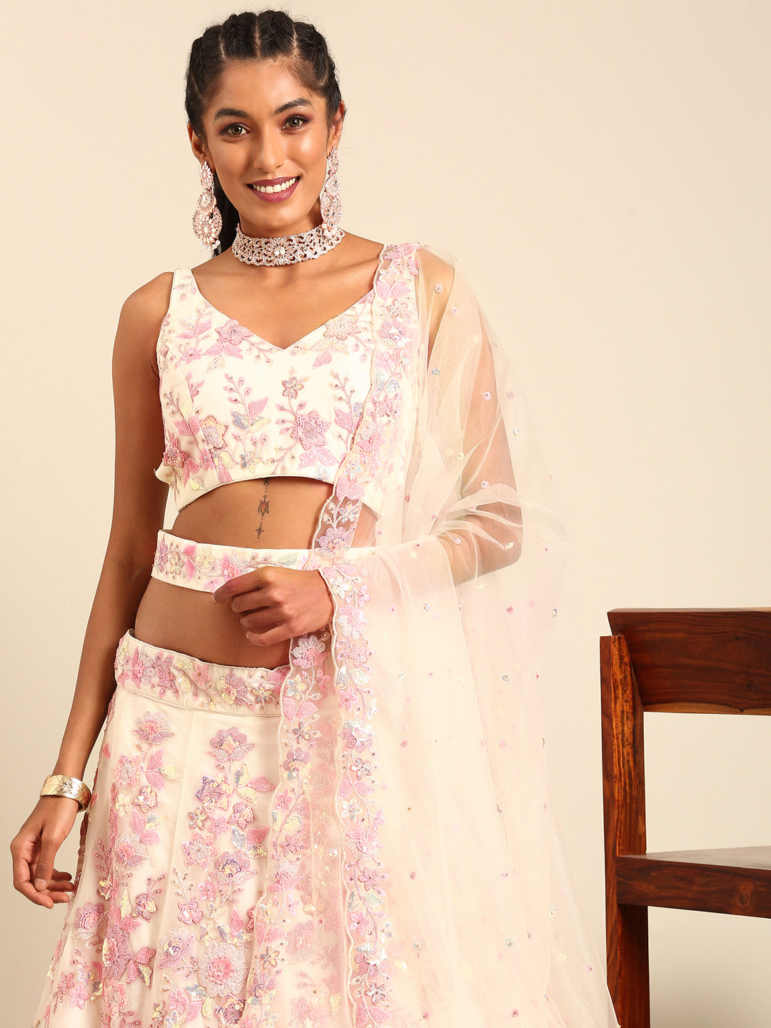 House of Panchhi Cream Net Sequins with heavy Zarkan embroidery Lehenga choli & Dupatta | Grocsy
