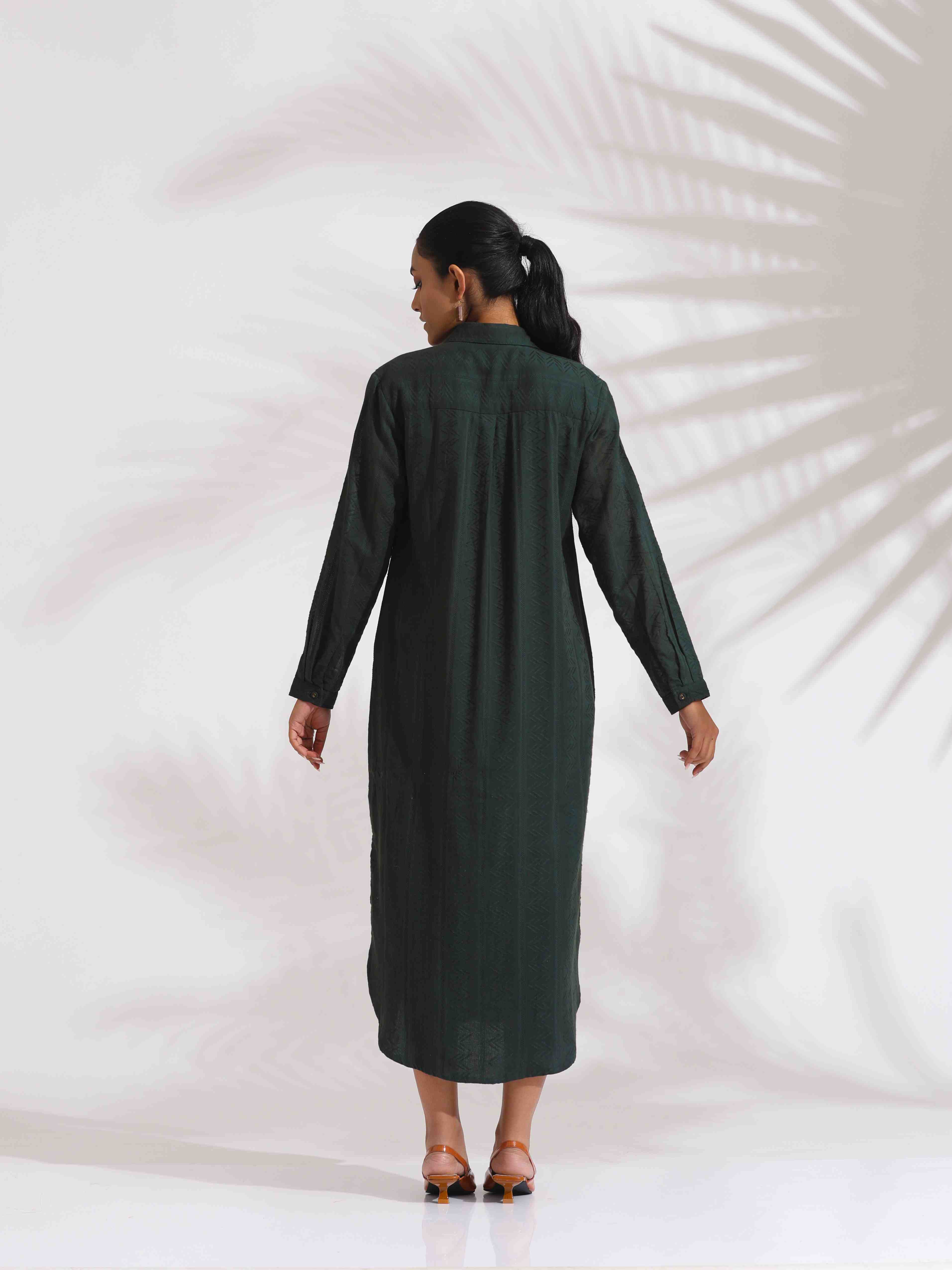 trueBrowns Green Cotton Shirt Dress | Grocsy