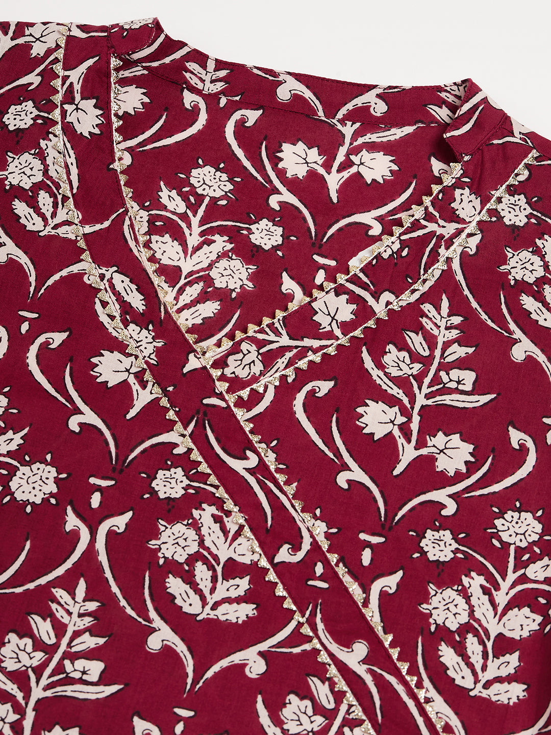 InWeave Women's Wine Floral Print Straight Angrakha Gota Kurta | Grocsy