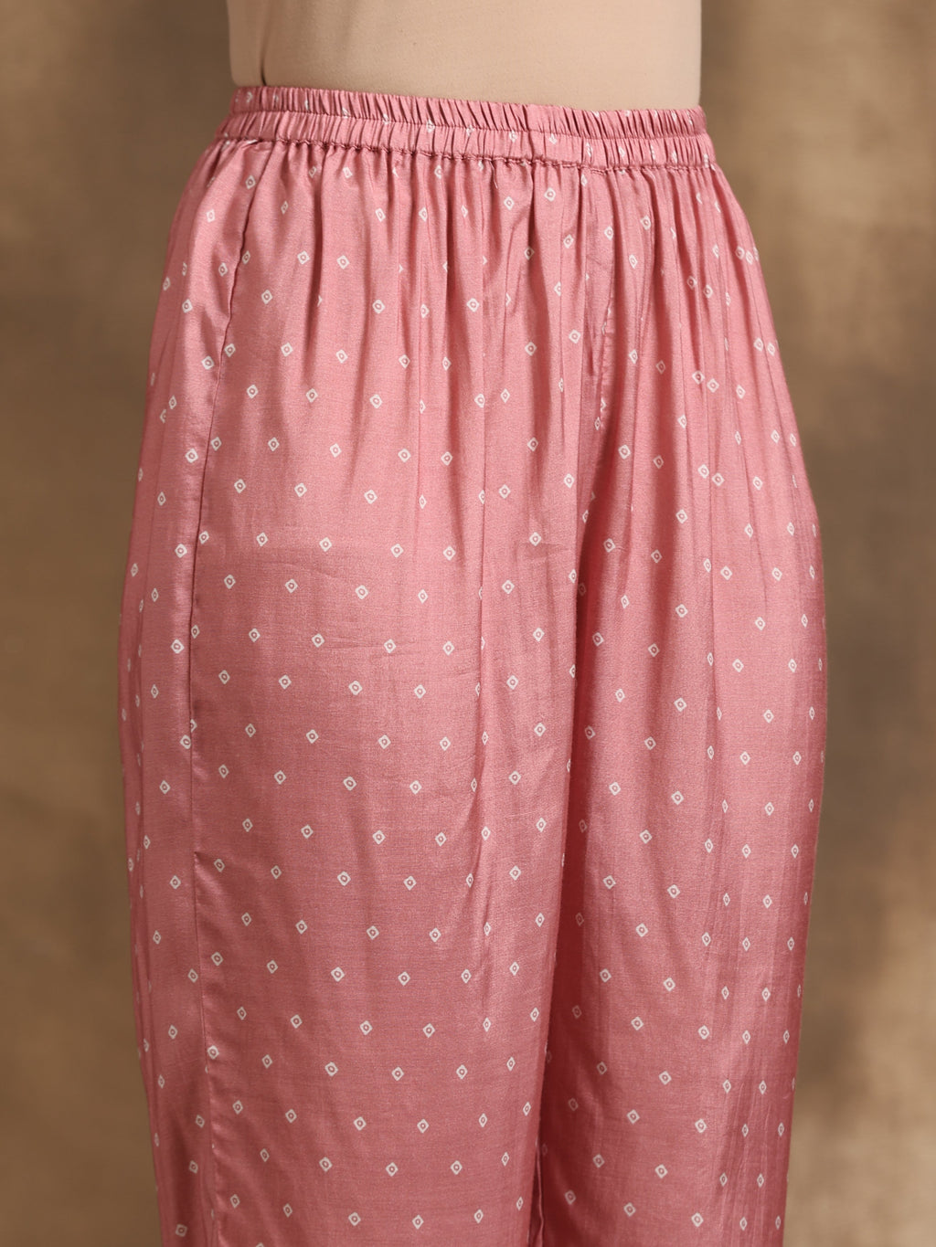 trueBrowns Light Mauve Bandhani Printed Silk Angrakha Kurta Pant Set | Grocsy