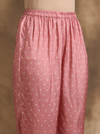 trueBrowns Light Mauve Bandhani Printed Silk Angrakha Kurta Pant Set | Grocsy