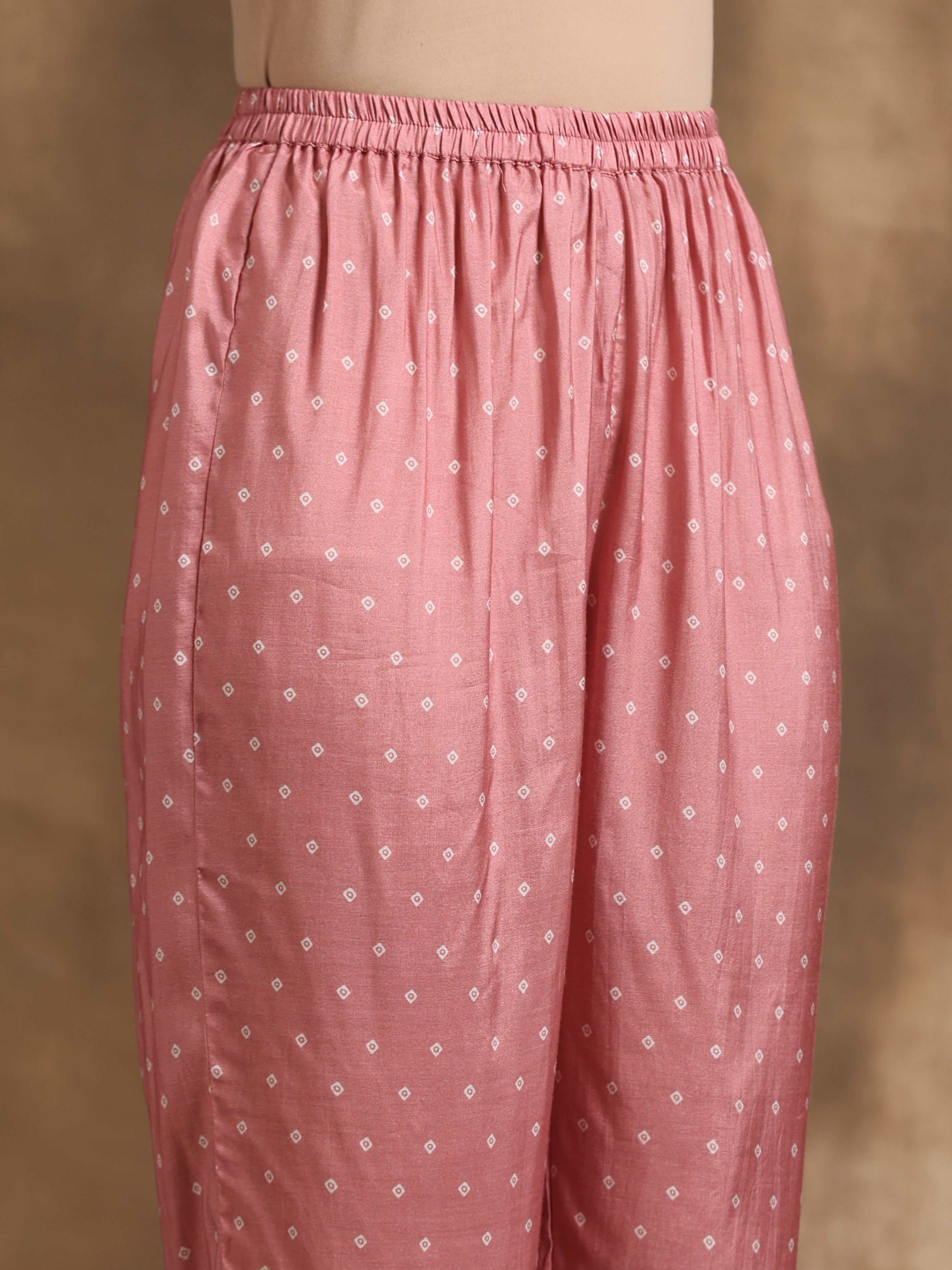 trueBrowns Light Mauve Bandhani Printed Silk Angrakha Kurta Pant Set | Grocsy