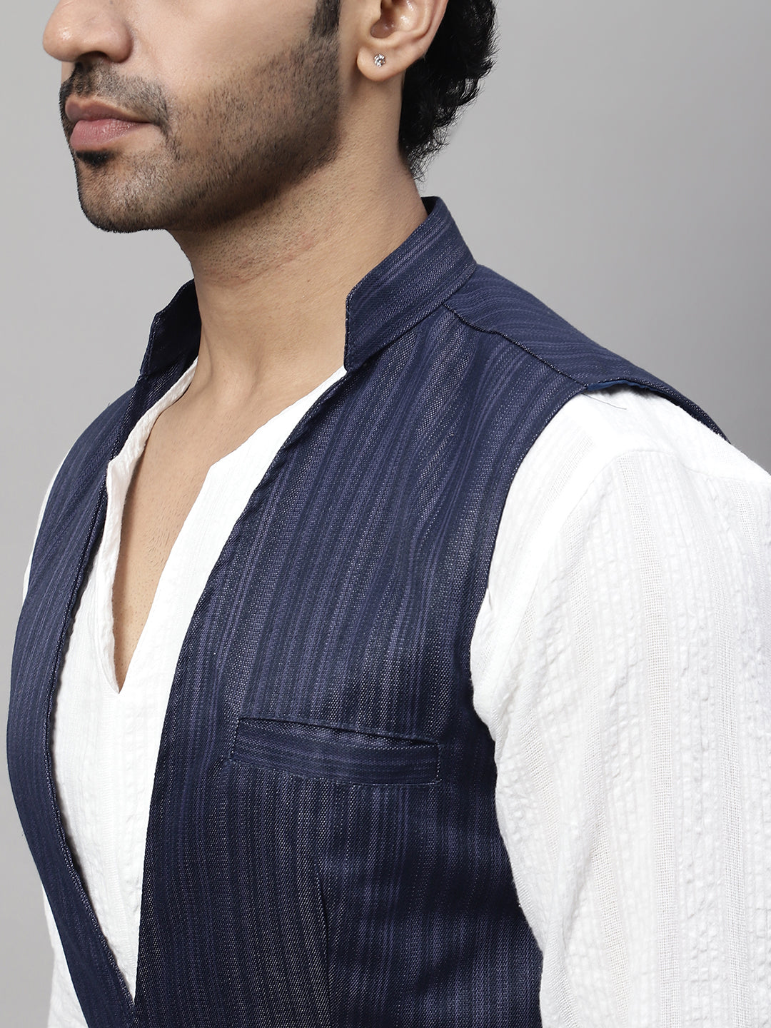 Even Apparels Men's Blue Nehru Jacket With Welt Pockets | Grocsy
