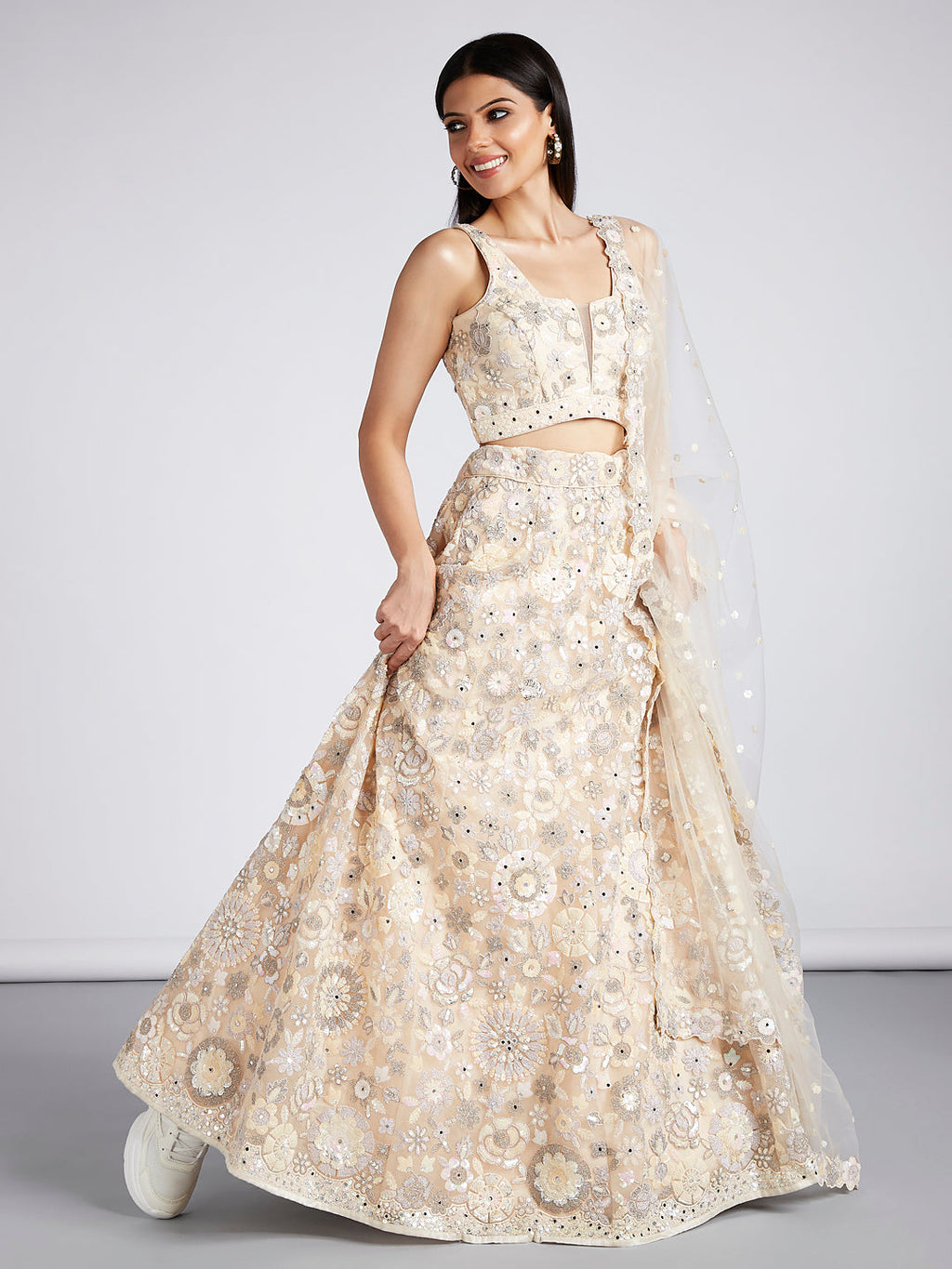 House of Panchhi Cream Net Sequins, Mirror And Thread Embroidery Lehenga Choli & Dupatta | Grocsy