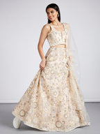 House of Panchhi Cream Net Sequins, Mirror And Thread Embroidery Lehenga Choli & Dupatta | Grocsy
