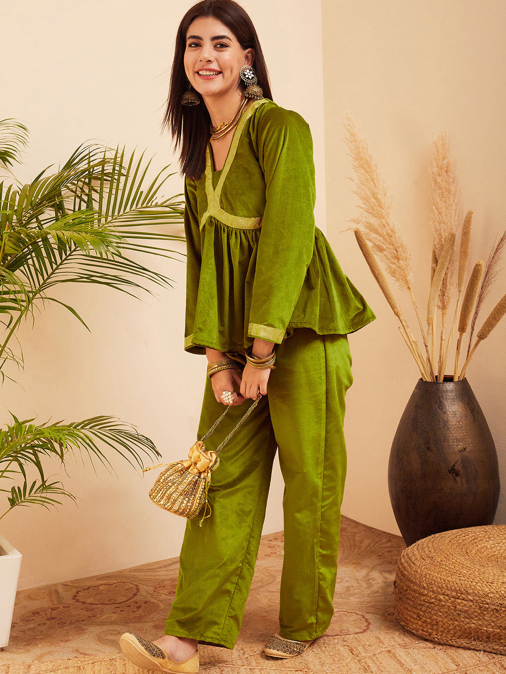 InWeave Women's Olive Mughal Shaan Style Velvet Short Kurta Set | Grocsy