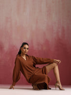 trueBrowns Brown Cotton Dobby Dress | Grocsy