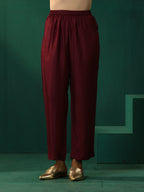 trueBrowns Wine Geometric Viscose Silk V-Neck Front Slit Kurta Pant Set | Grocsy