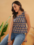 InWeave Ink Blue Small Paisley Kalamkari W/U Top | Grocsy
