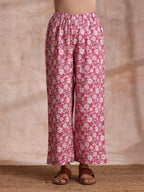 trueBrowns Pink Green Floral On White Block Print Cotton Slit Kurta Pant Set | Grocsy