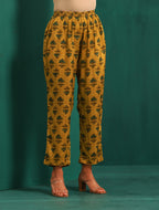 trueBrowns Mustard Flower Stem Muslin Silk Printed Relaxed Co-ord Set | Grocsy
