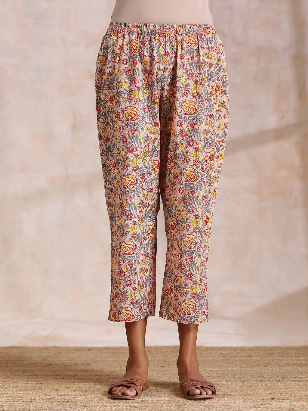trueBrowns Multicolor Beige Overall Floral Block Print Cotton Kaftan Co-Ord Set | Grocsy