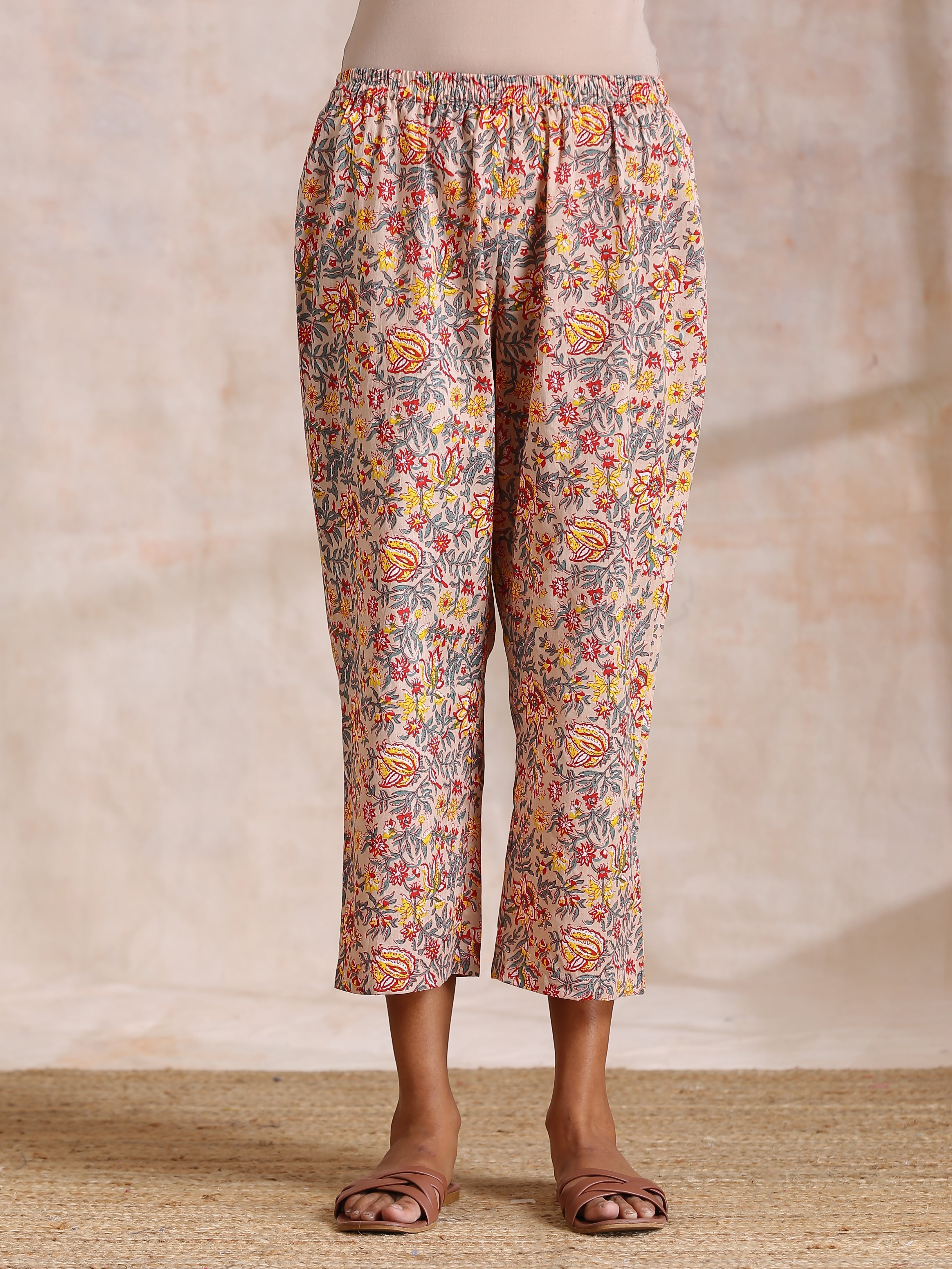trueBrowns Multicolor Beige Overall Floral Block Print Cotton Kaftan Co-Ord Set | Grocsy
