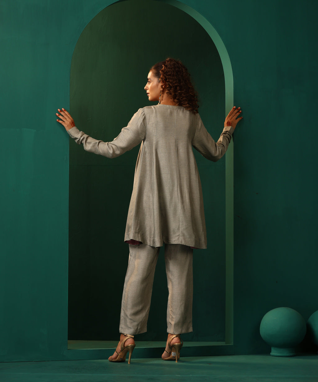 trueBrowns Grey Silk Flared Co-ord Set | Grocsy