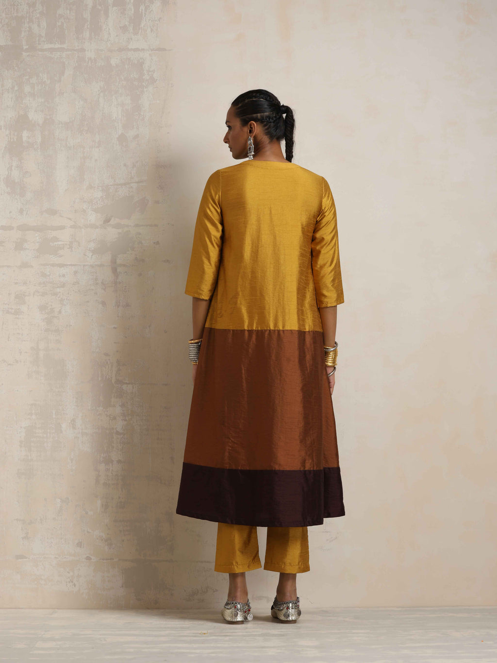 trueBrowns Gold Brown Silk A-line Kurta Set | Grocsy