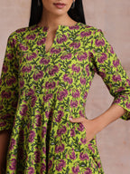 trueBrowns Lime Green Overall Pink Floral Block Print Cotton Flared Kurta Pant Set | Grocsy
