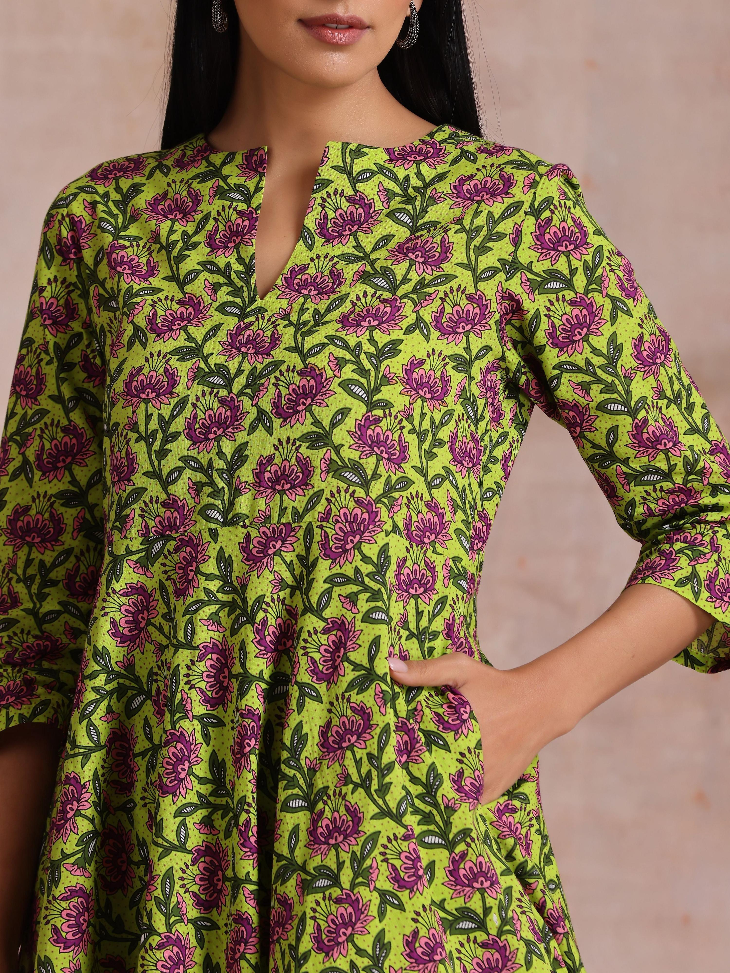 trueBrowns Lime Green Overall Pink Floral Block Print Cotton Flared Kurta Pant Set | Grocsy