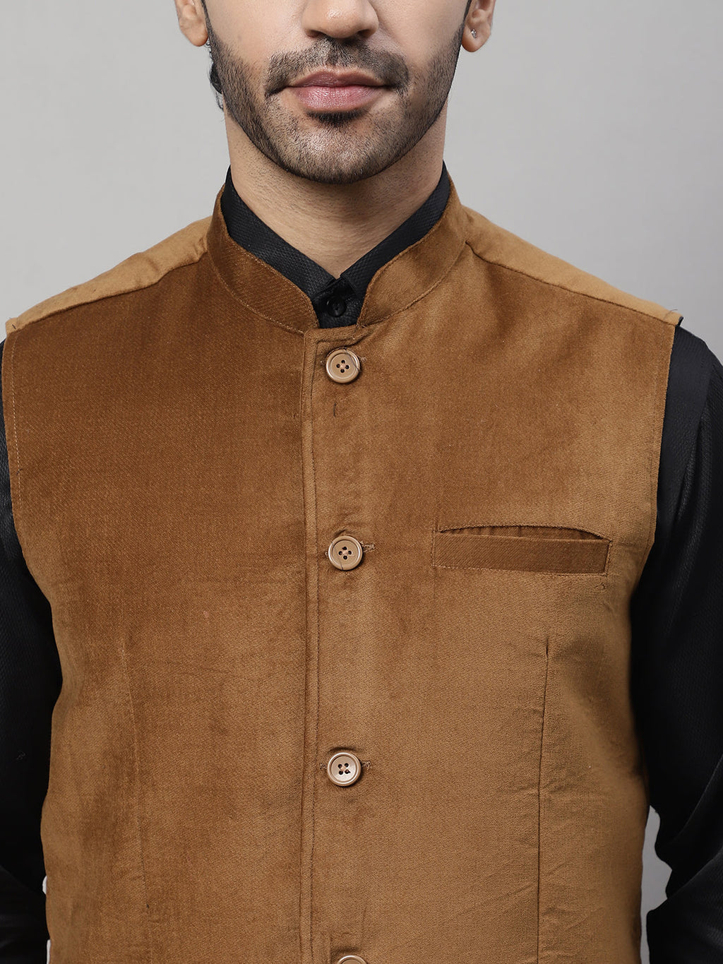 Even Apparels Men's Brown Nehru Jacket With Welt Pockets | Grocsy