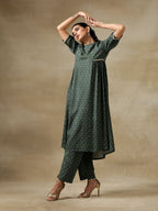 trueBrowns Dark Green Bandhani Printed Silk Side Gathered Kurta Pant Set | Grocsy