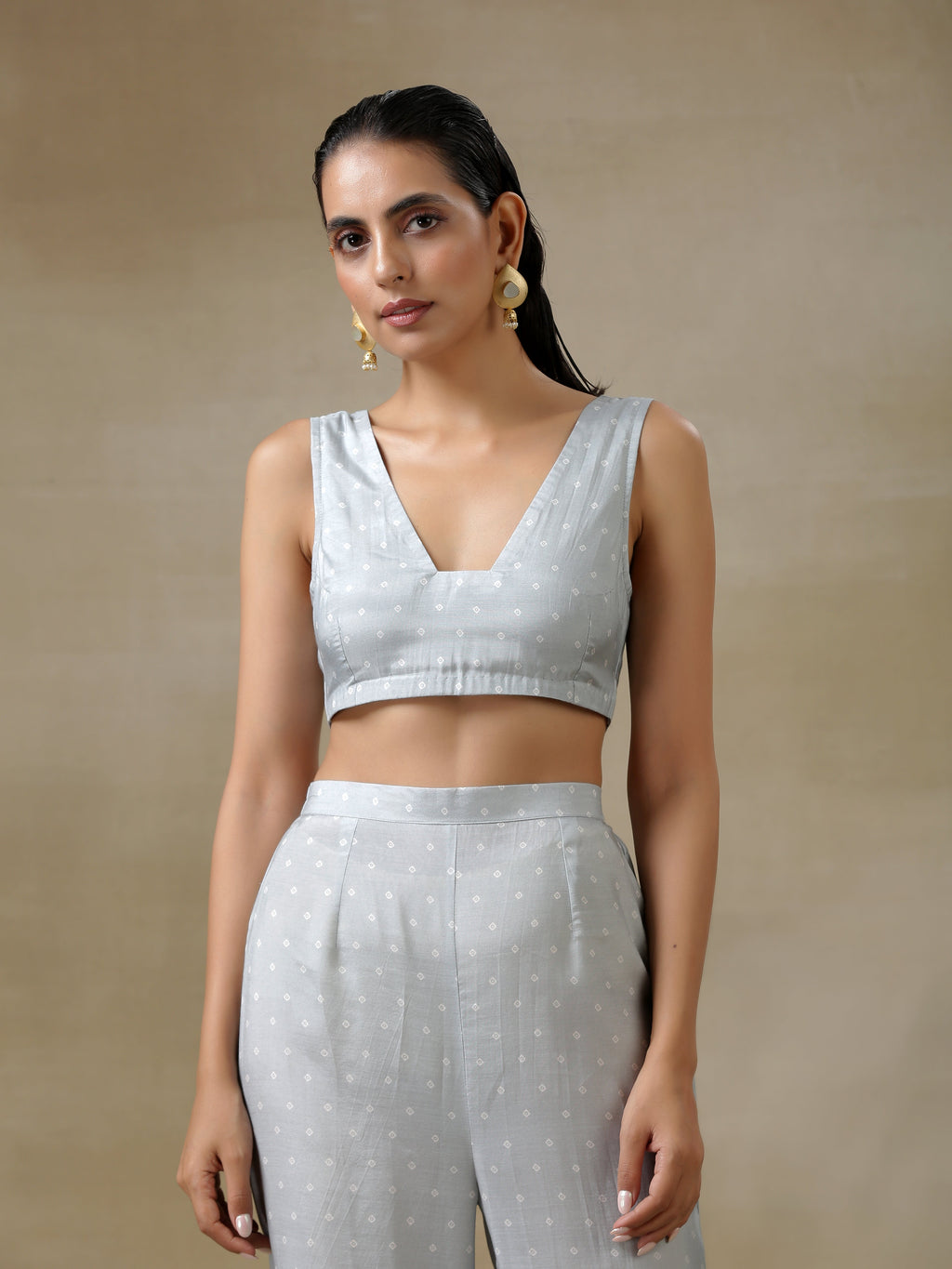 trueBrowns Grey Bandhani Printed Silk Overlay Jacket Blouse Pant Set | Grocsy