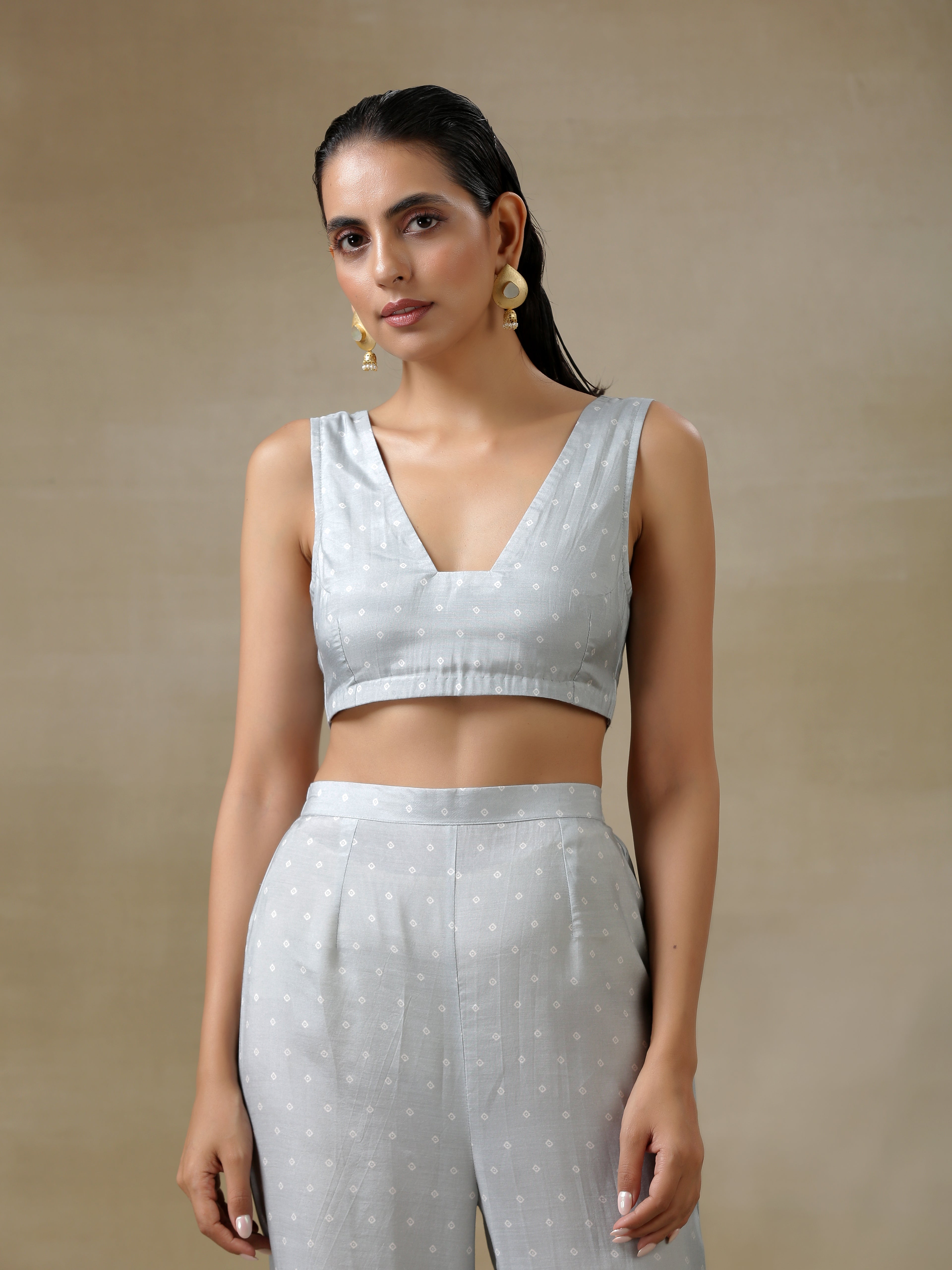 trueBrowns Grey Bandhani Printed Silk Overlay Jacket Blouse Pant Set | Grocsy