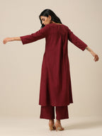 trueBrowns Ruby Wine Slub Texture Back Pleat Kurta Pant Set | Grocsy