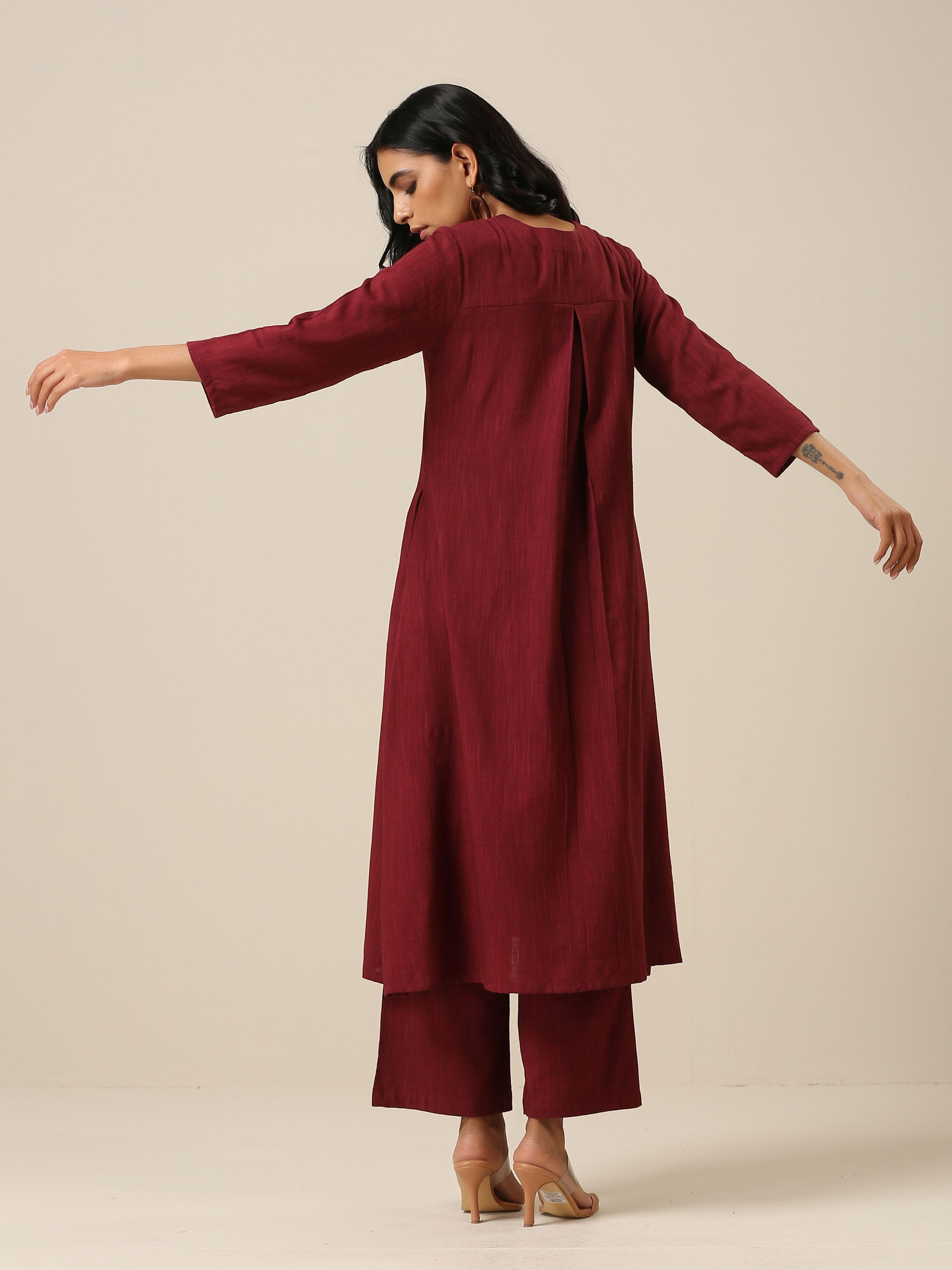 trueBrowns Ruby Wine Slub Texture Back Pleat Kurta Pant Set | Grocsy