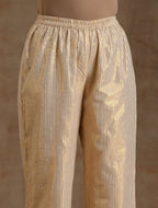 trueBrowns Ivory Gold Cotton Neck Pleat Kurta Set | Grocsy