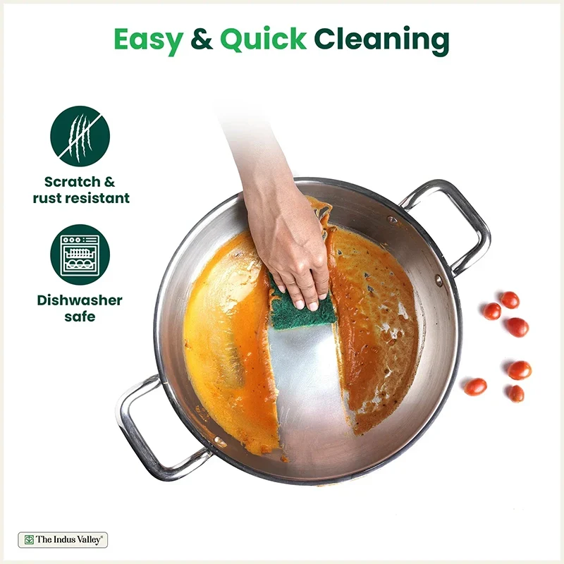 The Indus Valley TurboCuk Tri-ply Stainless Steel Kadai+ Glass Lid, Premium Quality, 3 Layer Thick Body, 100% Toxin-free, Non-stick, Induction & Gas, 1.7/2.7/3.5L | Grocsy