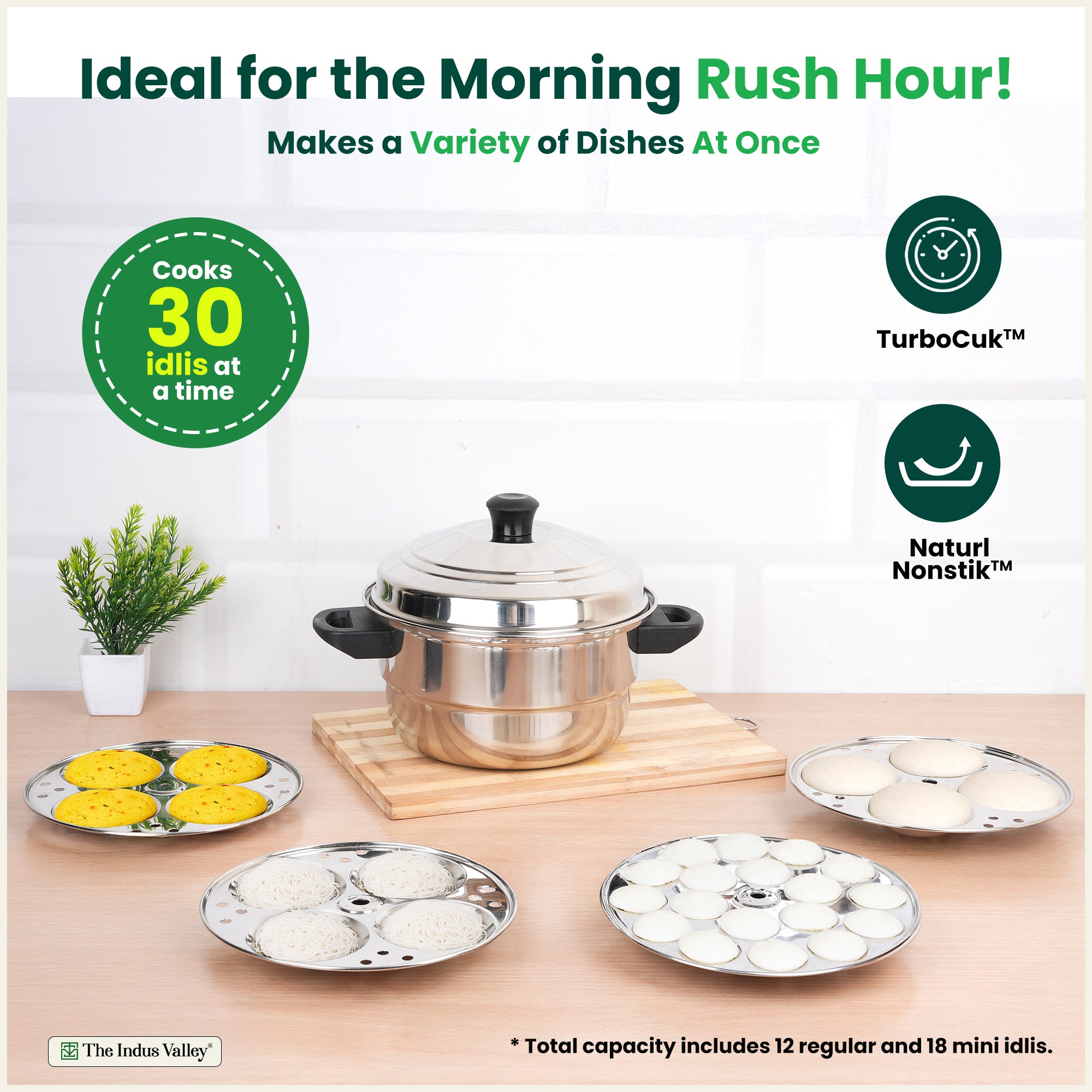 The Indus Valley Premium Stainless Steel idlipot regular with mini idli plates-(3+1) Idli/ Momo Maker/  Veg Steaming Set, Tri-ply Induction Bottom, 4 Plates | Grocsy