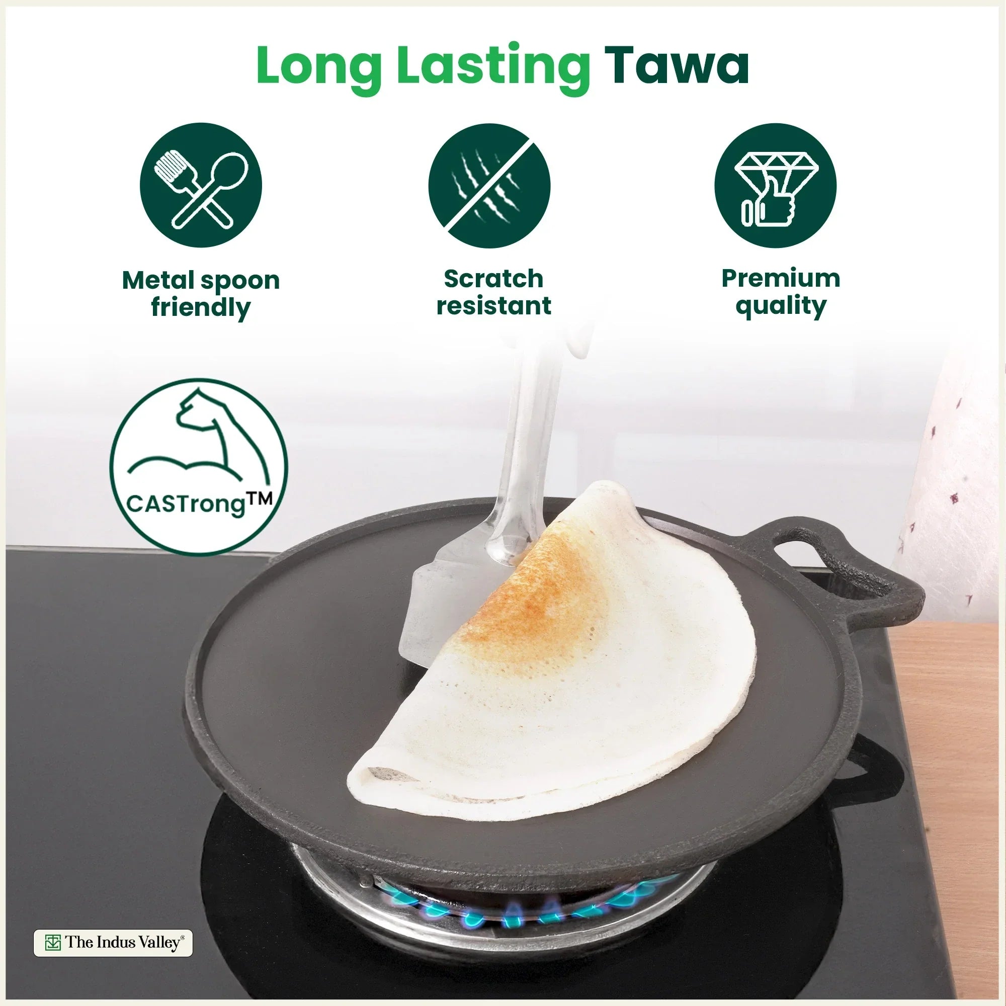 The Indus Valley Super Smooth Cast Iron Tawa,Pre-seasoned, Nonstick, 100% Pure, Toxin-free, Spatula, 26.7cm/30.2cm | Grocsy