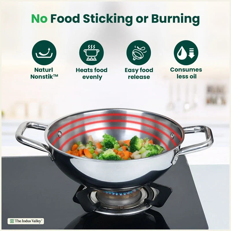 The Indus Valley TurboCuk Tri-ply Stainless Steel Cookware Set: 24cm Kadai with Lid + 22cm Fry Pan + 16cm Sauce pan, Premium Quality, 3 Layer Thick Body, 100% Toxin-free, Non-stick, Induction & Gas | Grocsy