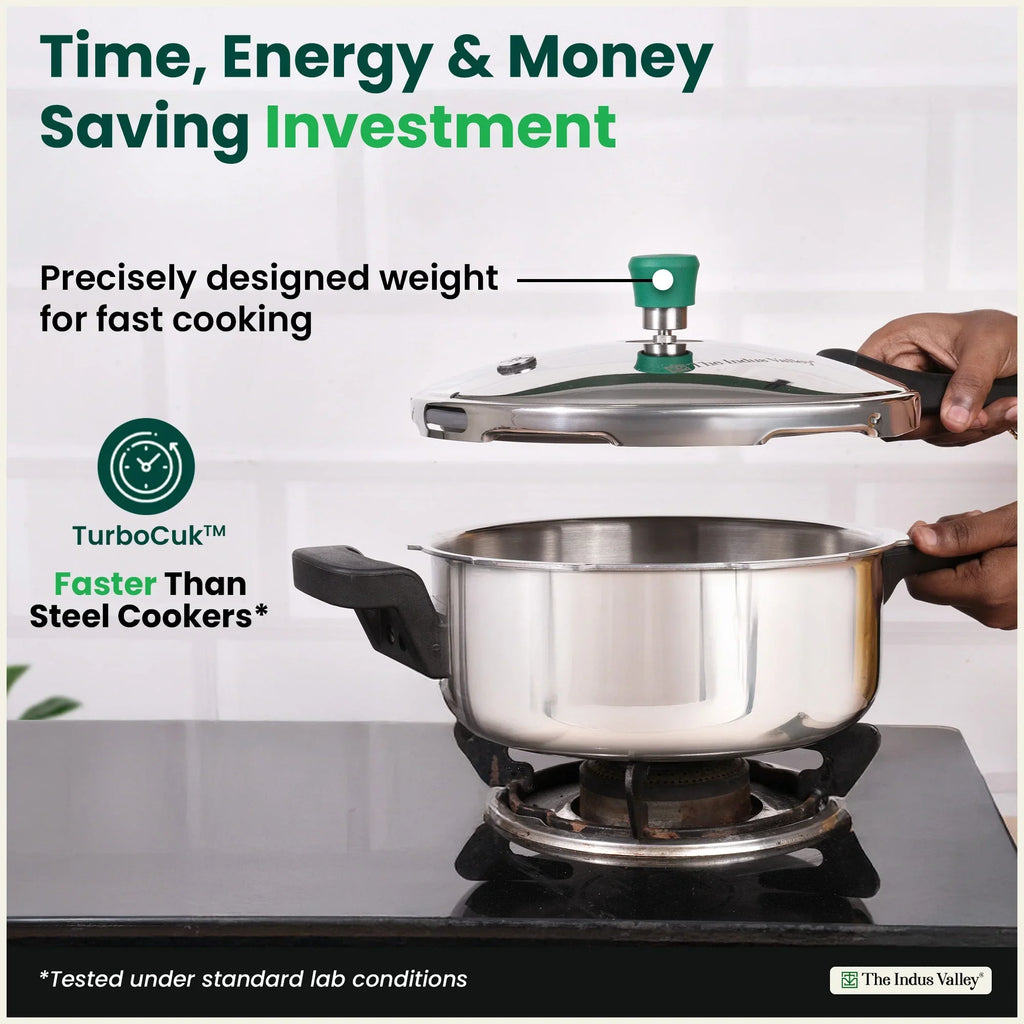 The Indus Valley Tri-ply Stainless Steel Pressure Pan, Premium Quality, 3 Layer Thick Body, Heavy Bottom, 100% Food-safe, ISI Certified, Induction & Gas, 3.5/5L | Grocsy
