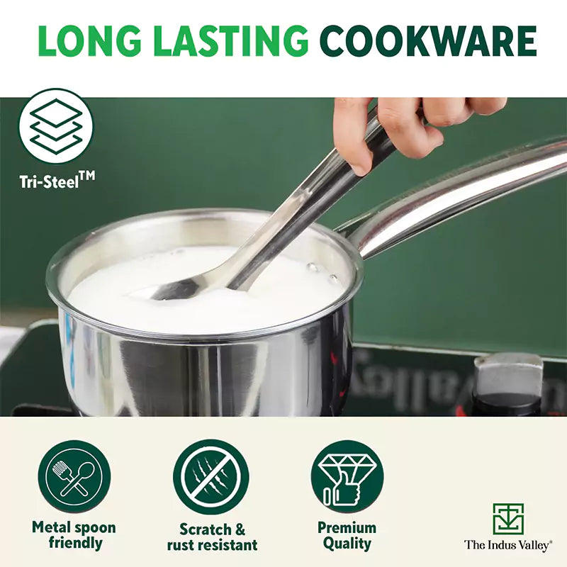 The Indus Valley TurboCuk Tri-ply Stainless Steel Cookware Set: 2.2L Kadai+ 1.4L Frypan+  1.2L Tea/Milk pan, Premium Quality, 3 Layer Thick Body, 100% Toxin-free, Non-stick, Induction & Gas | Grocsy