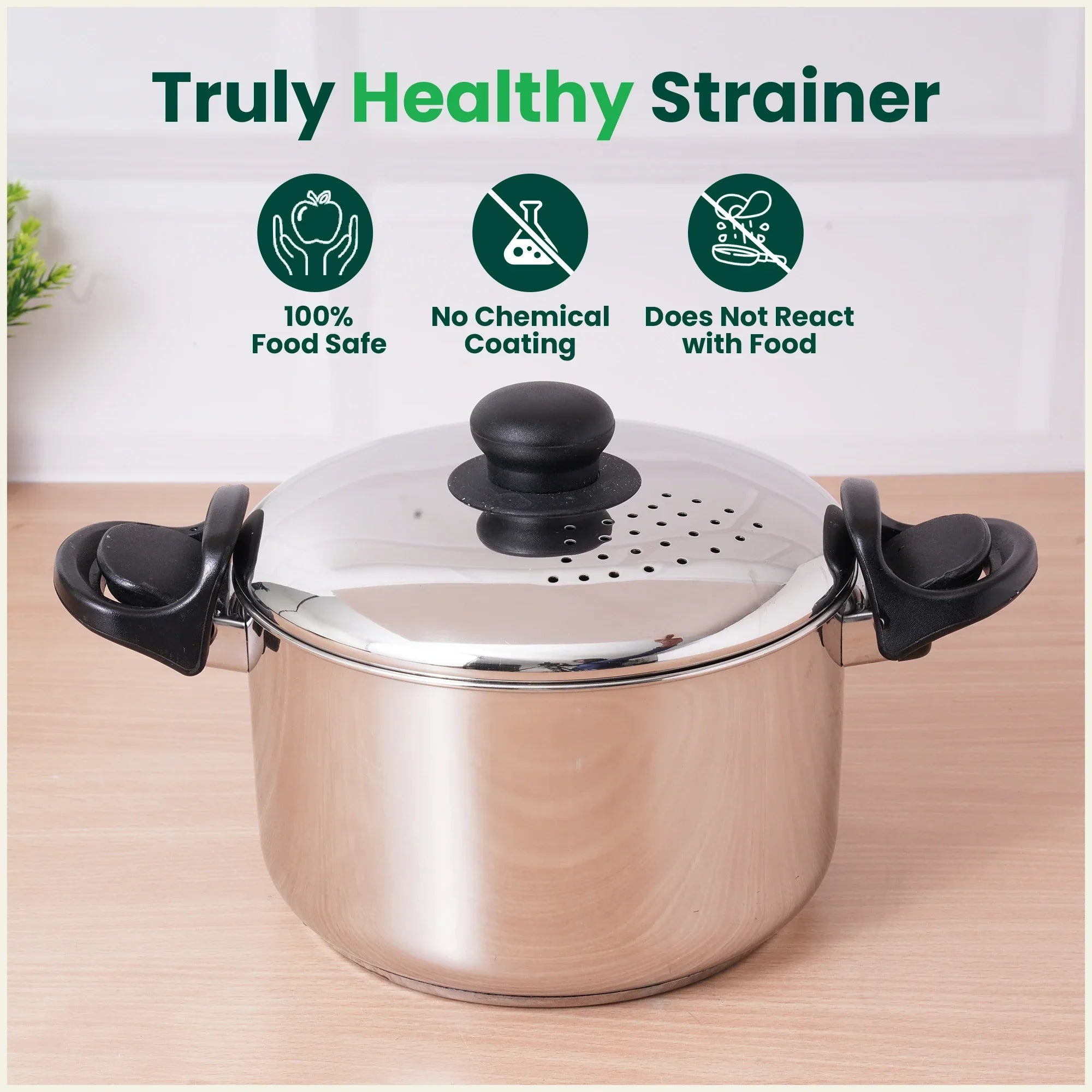 The Indus Valley Tri-steel Stainless Steel Rice Pot with Strainer Lid & Lockable Bakelite Handles, Tri-ply 3-Layer Heavy Bottom | Noodle/Pasta/Corn/Soya/Veggies Boiler Pot, Steamer Cooker, Induction & Gas, 1.08 Kg, 19cm, 3.5 L | Grocsy