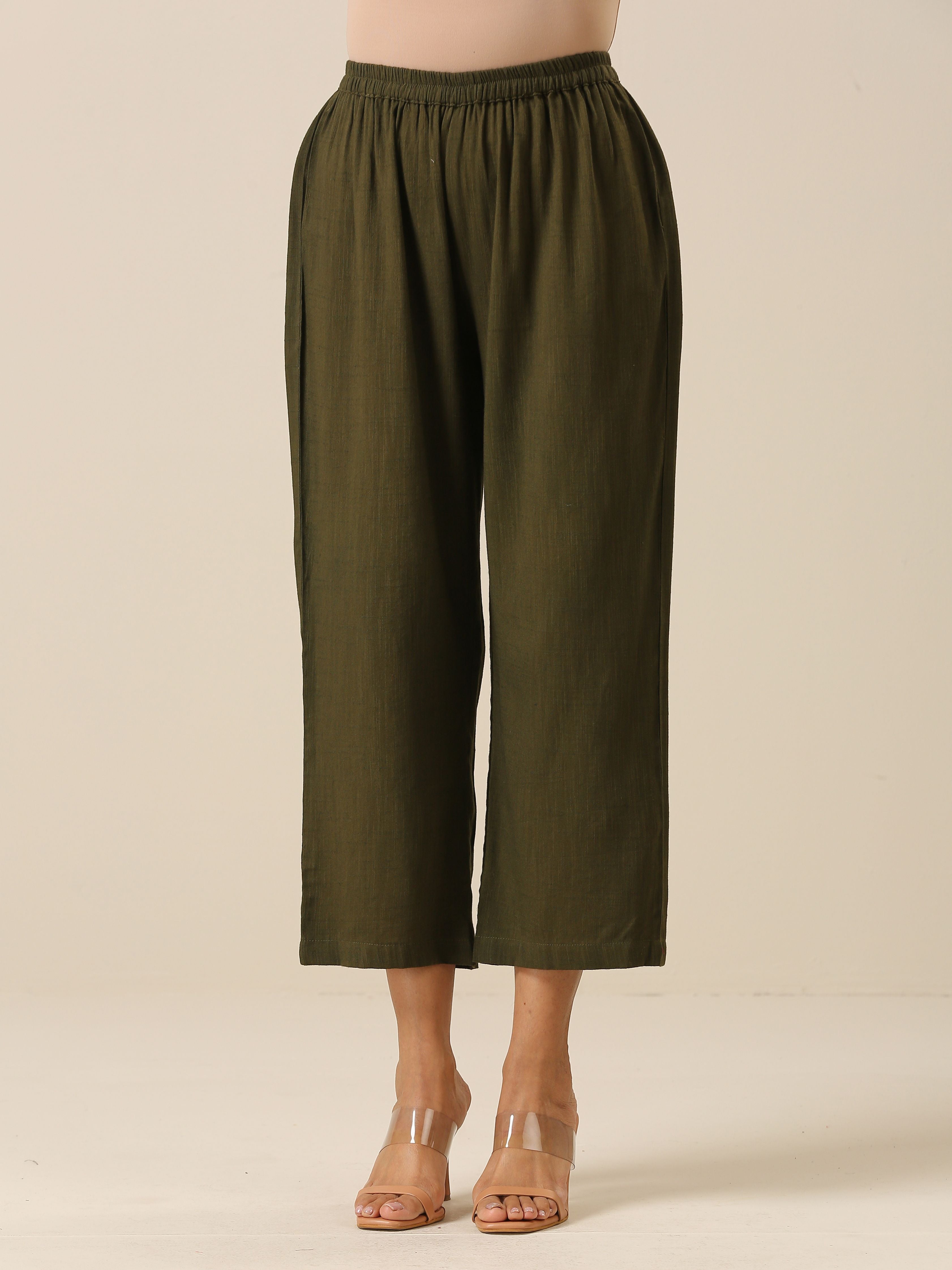 trueBrowns Olive Green Slub Texture Kurta Pant Set | Grocsy