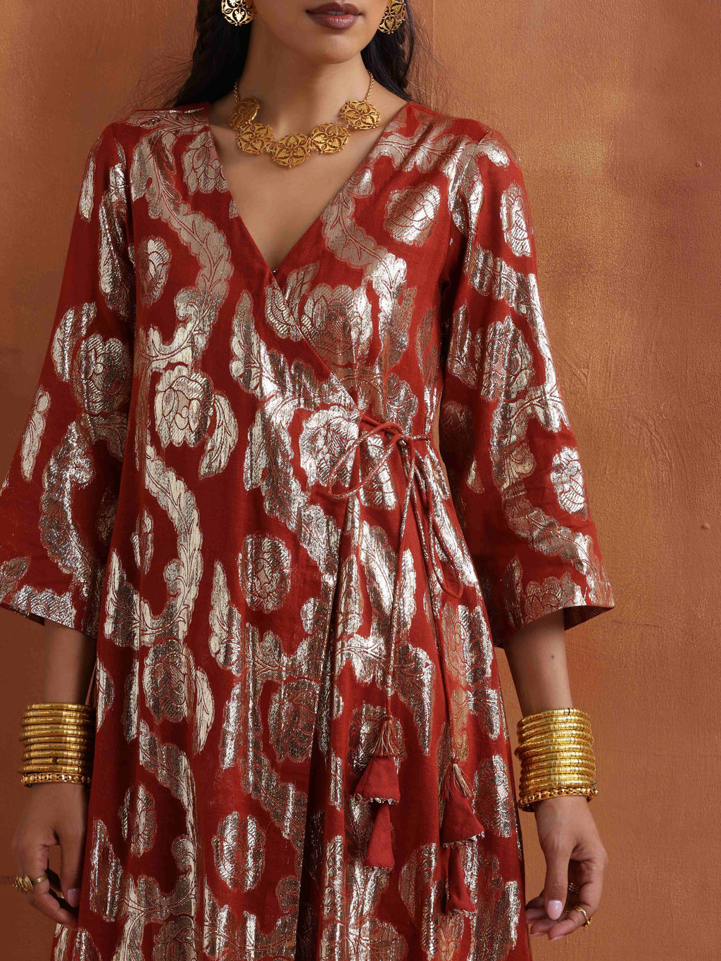 trueBrowns Rust Metallic Angrakha Kurta Set | Grocsy