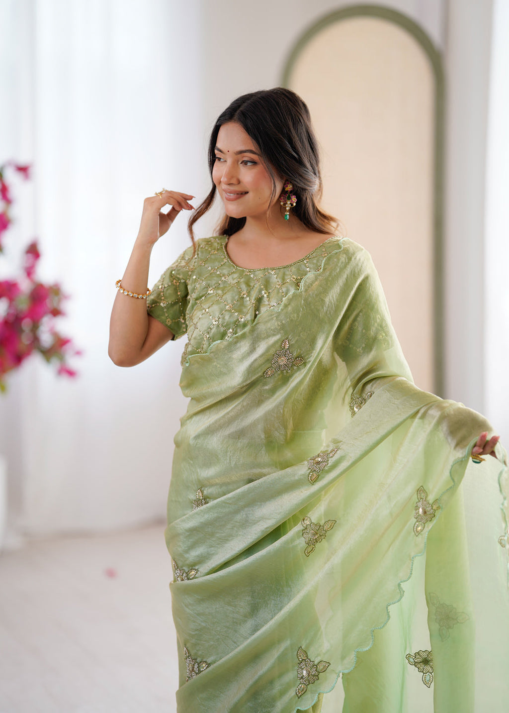 Evanik Designer Heavy Fendy Satin With Beads Embroidered Work Saree With Unstitched Blouse | Grocsy